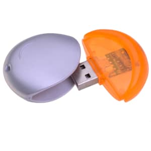 A silver flash drive with an orange cap, featuring a logo and a USB connector exposed.