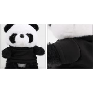 A plush toy panda featuring black and white fur, wearing a black T-shirt. The toy has a cute, soft design.