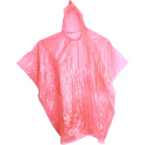 A pink poncho made of lightweight plastic, featuring a hood and open sides. It has a logo on it.