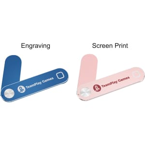 A blue and pink laptop extension arm with branding, featuring options for engraving and screen printing.