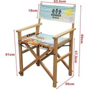 A director's chair with a light blue seat and backrest, featuring a logo and wooden frame. Measurements included.