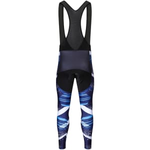 Men's sublimated cycling bib tights in blue and black with an abstract pattern and a logo on the back.