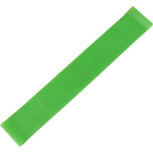 A green latex-free TPE fitness resistance band laid flat on a white background, featuring a logo.