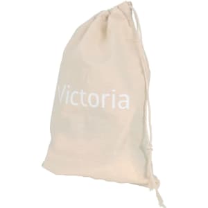A small cotton produce bag in natural beige, featuring a drawstring closure and a logo.