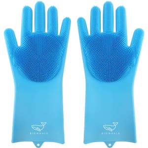 A pair of blue silicone cleaning gloves with textured surfaces for scrubbing, featuring a logo on the wrist area.