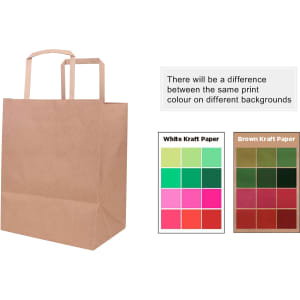 Kraft paper bag in brown, featuring flat handles and a rectangular shape, alongside colour swatches for options.