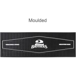 A moulded PVC bar runner in black, featuring a prominent logo and a textured surface.
