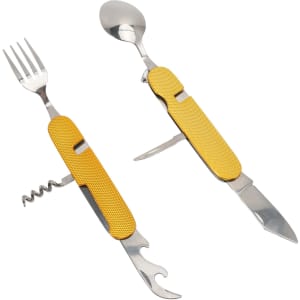 A multi-functional camping cutlery tool in yellow, featuring a fork, spoon, knife, corkscrew, and bottle opener.