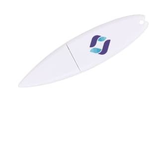 A white surfboard-shaped flash drive featuring a logo. Ideal for tech storage and branding purposes.