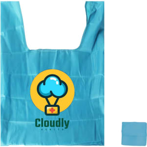 A blue reusable foldaway shopping bag with a logo printed on the front and a matching compact storage pouch.