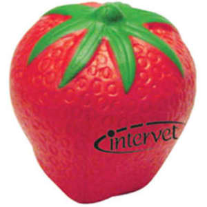 A red strawberry-shaped stress reliever with a green leafy top and a logo on the side.