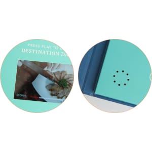 A teal 4.3-inch LCD video brochure with a screen displaying video content and an embedded speaker.