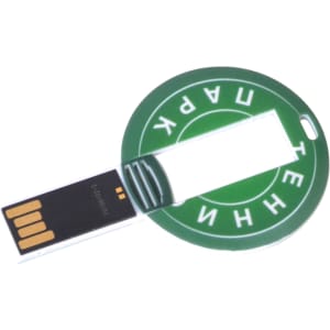 A round, green flash drive with a circular design and a USB connector extending from one side. It features a branding logo.