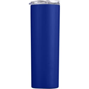 A drink bottle featuring a blue double wall stainless steel design with a clear lid and a branding logo.
