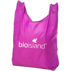 A foldaway shopping tote bag in vibrant pink with a logo on the front.
