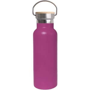 A drink bottle in a vibrant purple colour with a bamboo lid and metal handle. Features a branding logo.
