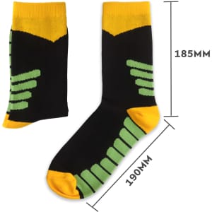 Crew sport socks featuring a black base with yellow and green accents. The design includes a logo and dimensions indicated.