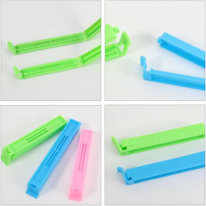 Medium Food Bag Seal Clips in blue, green, and pink. The clips are shown in various orientations with a simple design.
