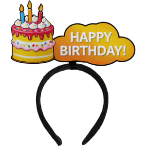 A black headband featuring a birthday cake graphic and a "Happy Birthday!" sign in vibrant colours.