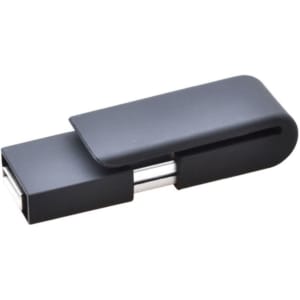 A black Clip Flash Drive with a sleek, compact design and a protective cover. It features a logo on its surface.