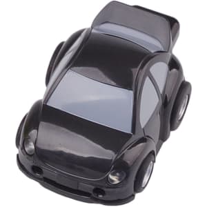 A black car-shaped flash drive with detailed features and wheels, designed for tech storage.