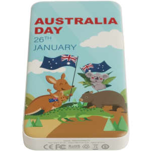 A power bank featuring a colourful design with Australian animals and flags, celebrating Australia Day.