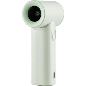A high-speed portable handheld fan in light green with a simple design and power button, featuring a brand logo.