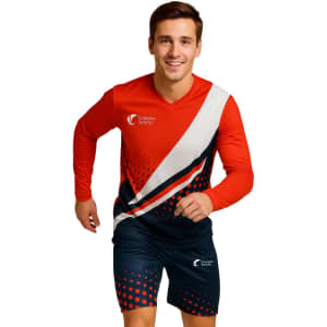 A red and navy unisex football jersey with long sleeves and a V-neck design, featuring a logo and vibrant patterns.