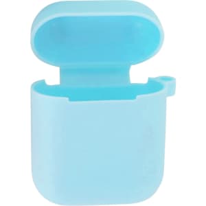 A light blue silicone protection case for AirPods, featuring an open lid and a loop for attachment.