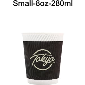 A black corrugated paper cup with a white rim and branding on the side, holding 280ml or 8oz.
