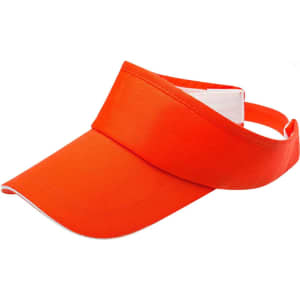 An orange sandwich sun visor with a wide brim and an adjustable strap at the back. Features a logo on the side.