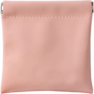 A small, pink cosmetic bag with a smooth finish and a simple silver clasp. Features no visible branding.