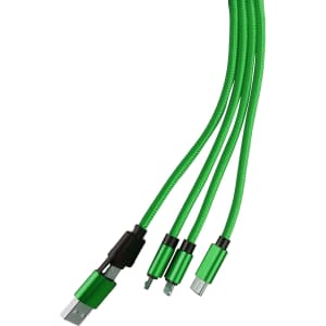 A green custom shape light-up charging cable with a keyring attachment, featuring multiple connectors.