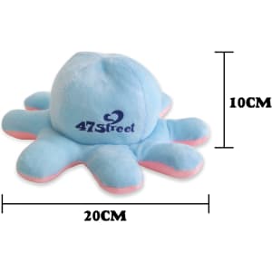 A large reversible plush toy in light blue and pink, shaped like an octopus, featuring a logo. Measures 20cm wide.