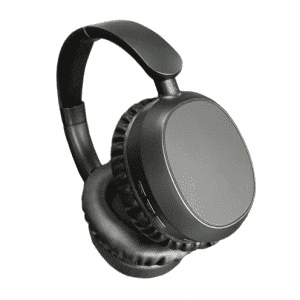 ANC Bluetooth headphones in black with cushioned ear pads and adjustable headband, featuring a minimalist design.