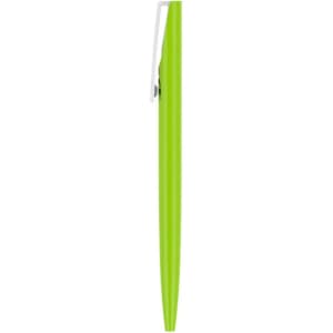 A bright green plastic pen with a clip, featuring a smooth, sleek design and a logo.