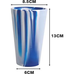 A blue and white marbled silicone cup with a tapered design, featuring dimensions of 13 cm height and 8.5 cm diameter.