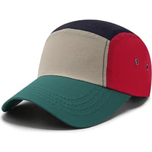 A lightweight 5 panel flat bill cap featuring red, navy, beige, and green panels with a logo.