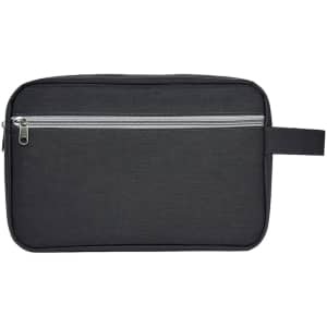 A black toiletry bag with a handle and a zippered front pocket, featuring a logo.