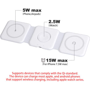 A white, 3-in-1 foldable MagSafe wireless charger with space for a phone, AirPods, and an Apple Watch.