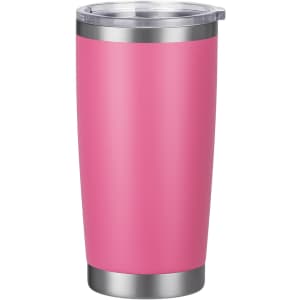 A drink bottle in vibrant pink with a stainless steel bottom and a clear lid, featuring a branded logo.