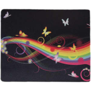 A mouse mat featuring a vibrant rainbow design with butterflies and floral elements on a black background.