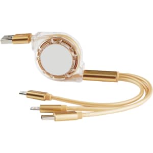 A retractable charging cable in gold and clear, featuring three connectors: USB, Micro USB, and USB-C.