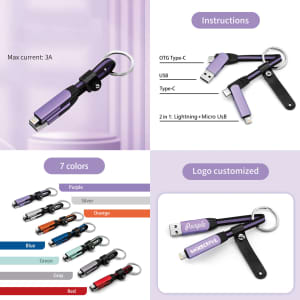 A collection of braided charging cables in various colours, each with a keyring attachment and multiple connectors.