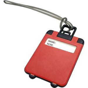A red ABS luggage tag with a clear section for personal information and a grey attachment loop.