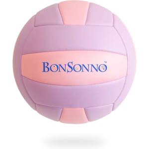 A pink and purple volleyball with a logo, featuring a smooth surface and classic panel design.