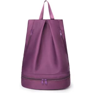 A purple backpack with dual zippered compartments and a handle on top. It features a sleek, modern design.