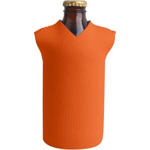 An orange bottle cooler with a sleeveless design, fitted around a drink bottle, featuring a logo.
