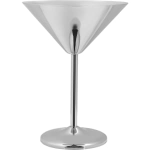 A stainless steel martini goblet with a polished silver finish and a sleek, tapered design.