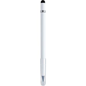 A white 3 in 1 pencil with a stylus tip, black detail, and a transparent cap. Features a branding logo.